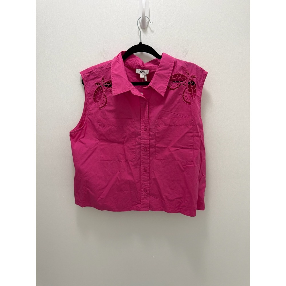 DKNY Womens Vivid Pink Eyelet Sleeveless Button Down Shirt XL New